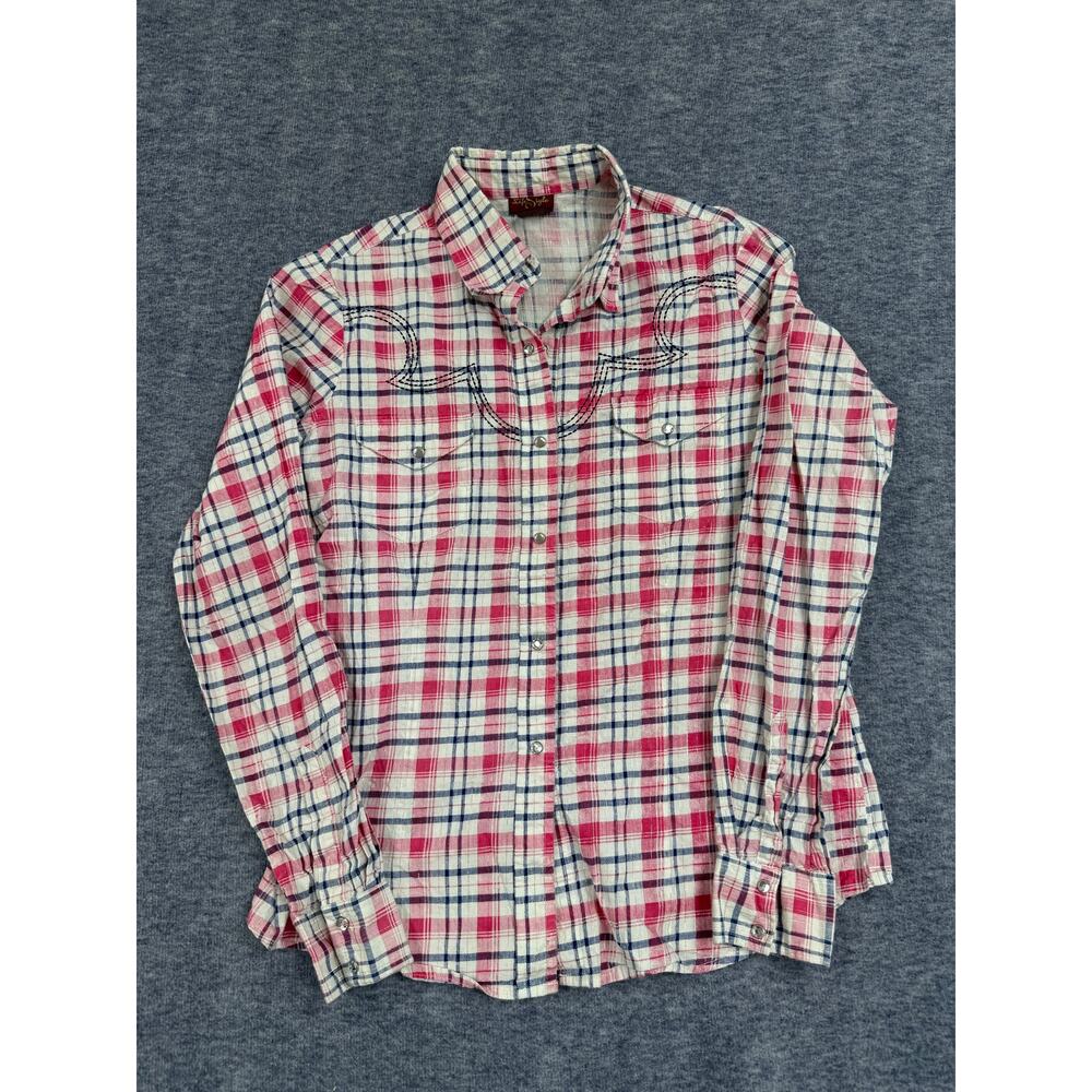 Life Style Red Plaid Women's Cowgirl Shirt Pearl Snap Embroidered Size Large